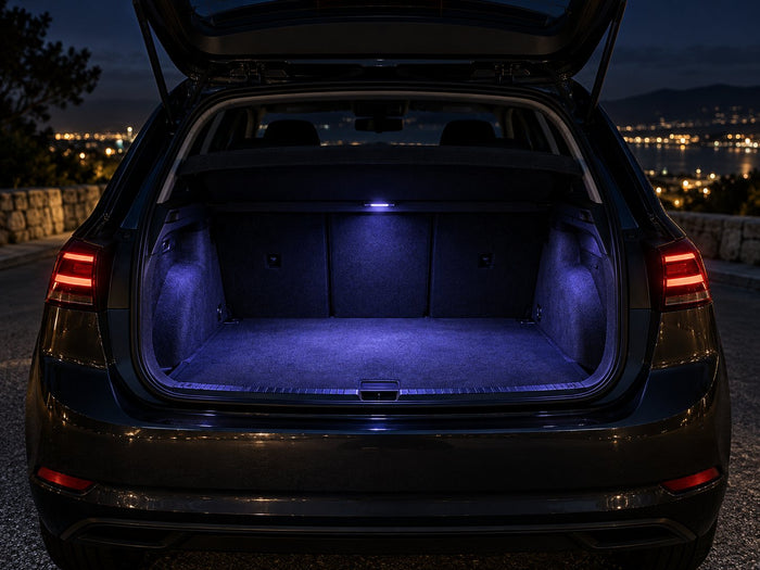 Open trunk lit with a soft glow