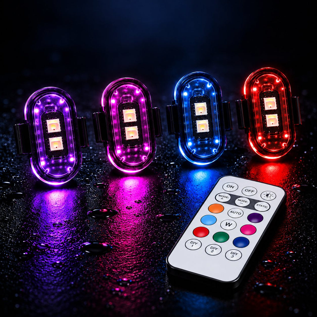 Four NoxGlow light pods glowing and the remote